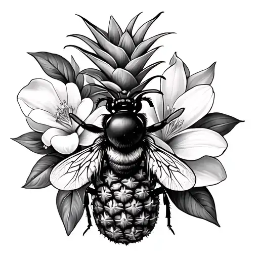Bee With Pineapple And Magnolia Flower And Something Related To Valentines Day