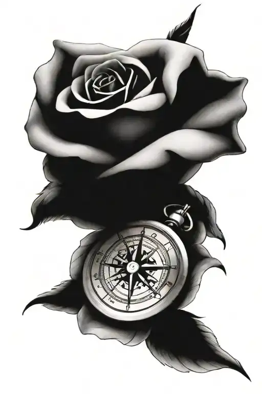 Forearm Tattoo Rose Intertwined With A Compass Black And White Representing The Value Of Time