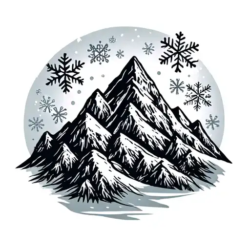 Mountain Outline Line With Snowflakes