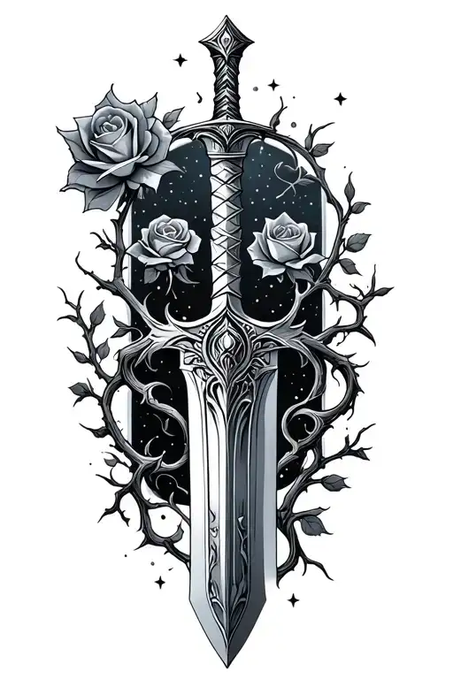 Sword With Delicate Rose Thorns Wrapping Around Growing Into Night Sky Filled With Stars