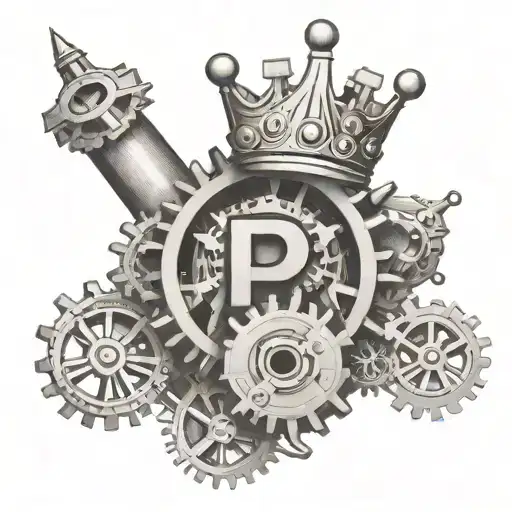 Mechanical Gears And Cogs Forming The Shape Of The Letters Ppzz With A Crown On Top