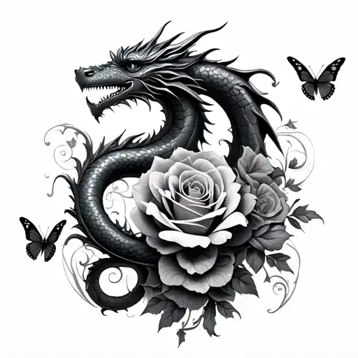 Roses Butterflies Dragon Intertwined
