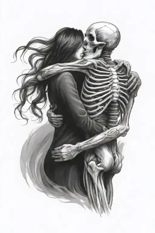 Skeleton Standing Hugging Alive Woman