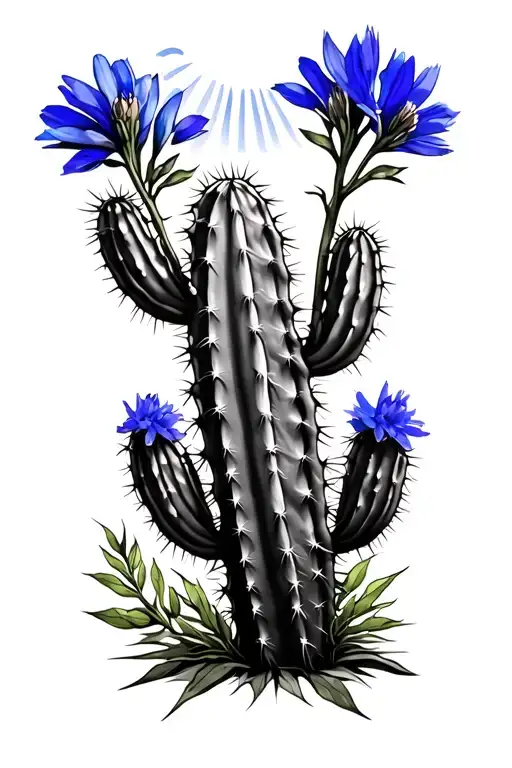 Cactus And Bluebonnet With Sun Rays