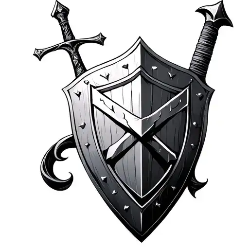 Complex Knights Shield With Sword Vertically Behind It