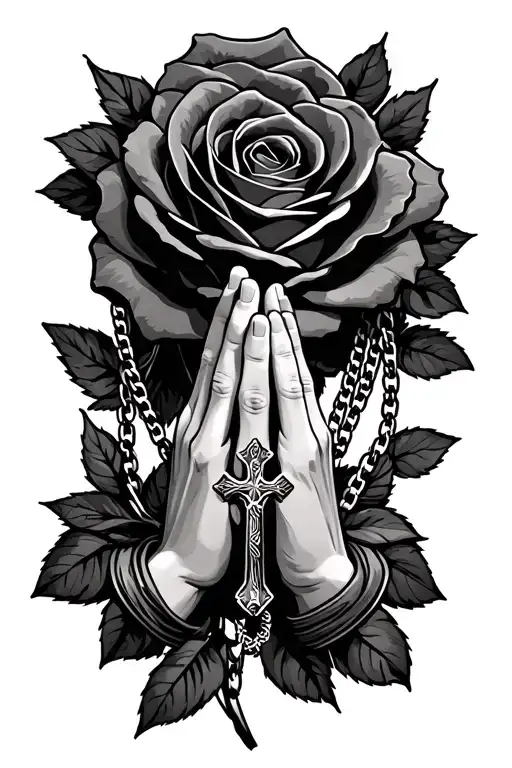 Praying Hands With Cross Chain Necklace And A Rose