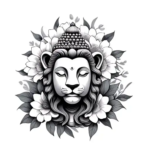 Buddha Lion Surrounded By Flowers