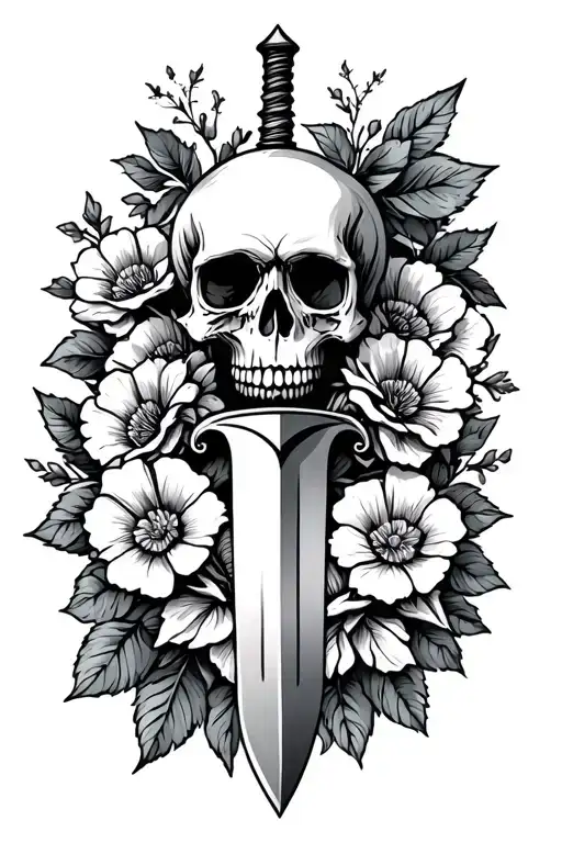 Oldschool Skull With Dagger Cutting It And Flowers