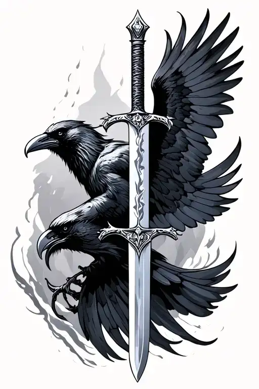 Viking Sword And Raven Flying