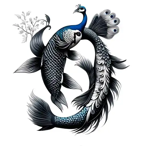 Koi Fish And Peacock In Yin Yang Position