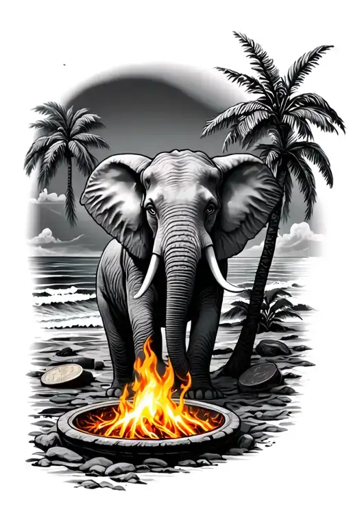 Ocean And Fire Pit And Palm Trees And Elephant And Penny Wise