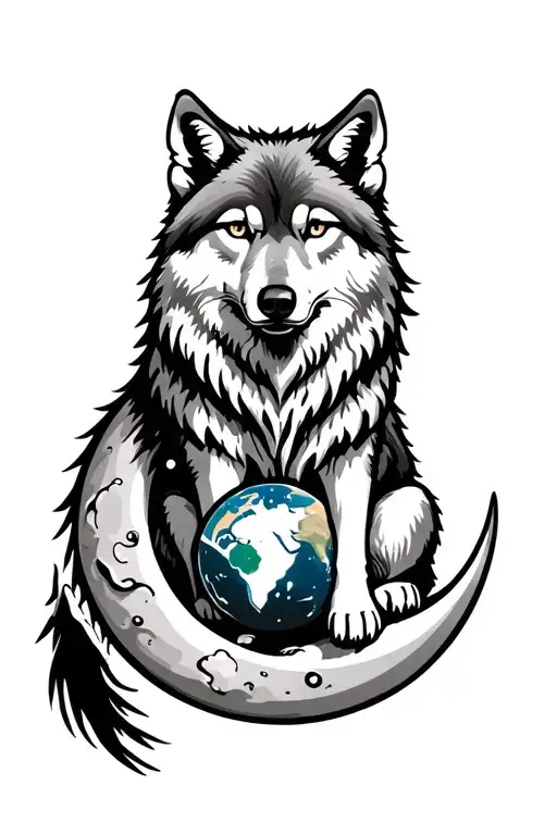 A Wolf Sitting On The Moon With The Earth Globe