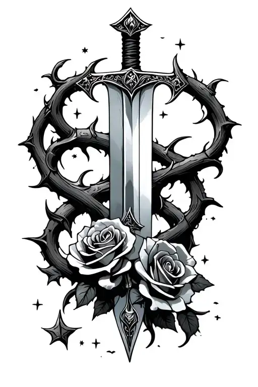 Sword With Rose Thorns Wrapping Around Growing Into Night Sky Filled With Stars