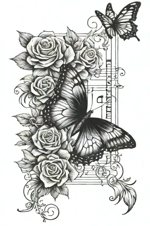 Flowers Roman Numerals Butterfly Music Notes