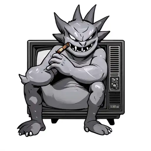 Gengar Sitting Infront Of An Old Tv Playing Pokemon Stadium On Nintendo 64 Smoking A Cigar