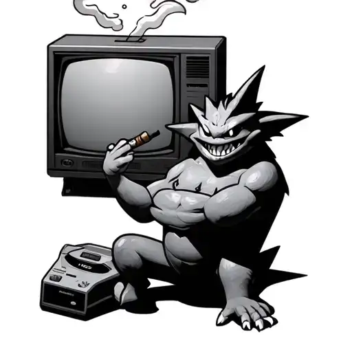 Gengar Sitting Infront Of An Old Tv Playing Pokemon Stadium On Nintendo 64 Smoking A Cigar