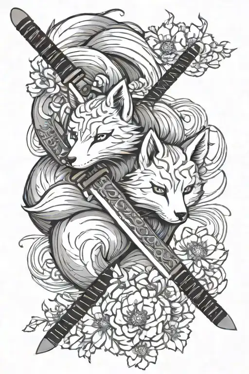 Kitsune Flowers Intertwined Fierce Katana