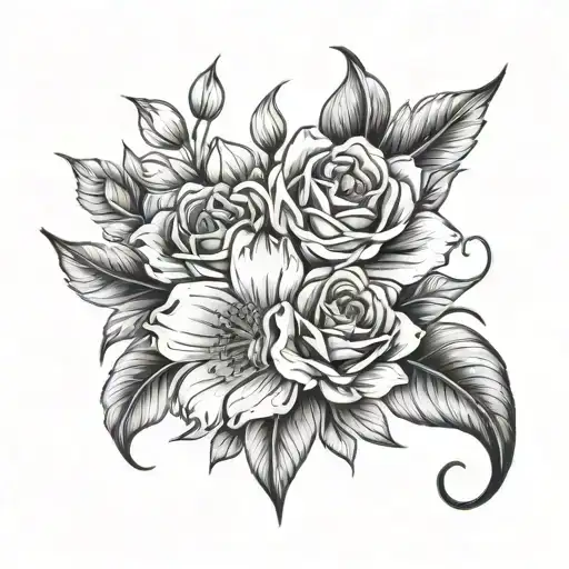 Flower Bouquet Fine Line Tattoo Design Featuring Elements