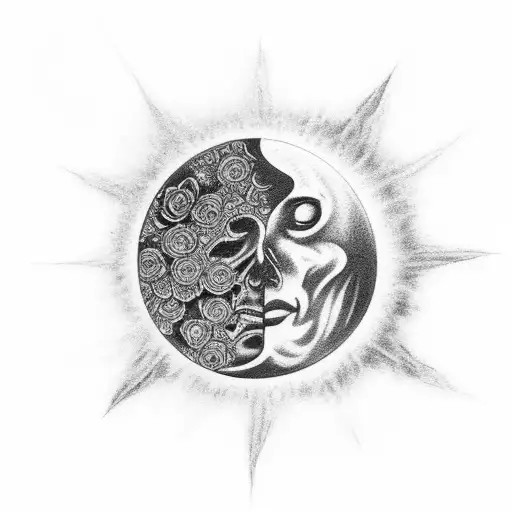 A Black-grey Tattoo Of A Celestial Scene With A Moon Made Of Flowers