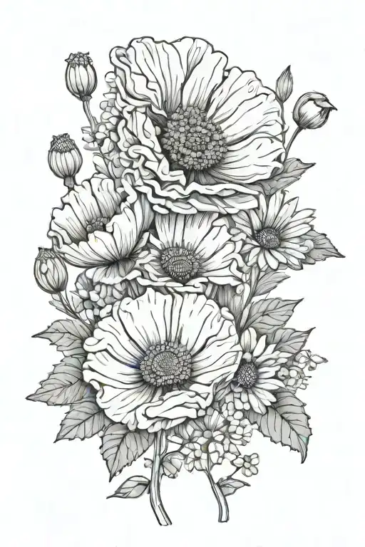 Poppy And Daisy Bouquet Fine Line