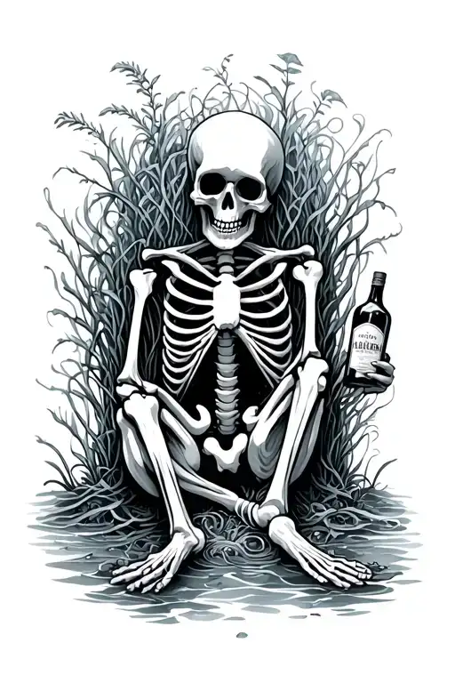 Depressed Skeleton Sitting On The Ocean Floor Tangled In Sea Weed Holding A Bottle Of Whiskey