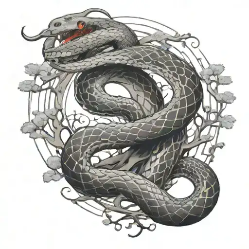 Snake Wrapping Around Treestick And Ying Yang
