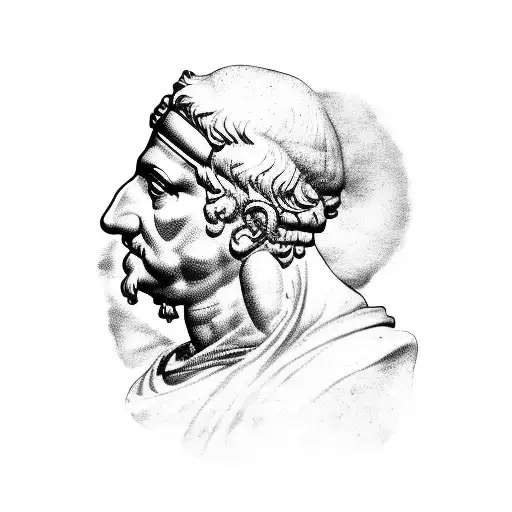A Tattoo Of A Historical Roman Philosopher Surrounded By Symbols Of Their Teachings