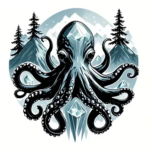 Minimaliste Octopus Holding Crystals Mountains And Pine Trees