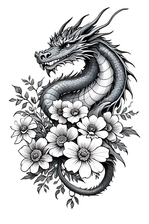 Dragon And Marigolds And Cosmo Flower Bouquet Fine Line
