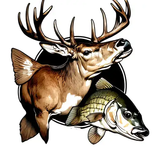 Hunting And Fishing Sleeve Tattoo Featuring White Tail Deer And Bass