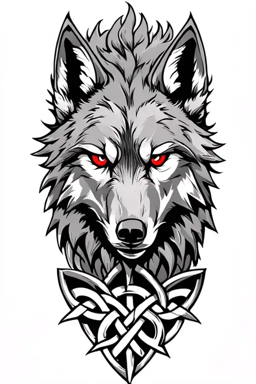 Wolf With Red Eyes On Armor Tattoo Design Featuring Celtic Trinity Knot