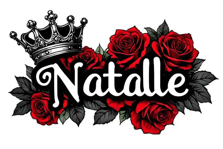 Natalie Name Tattoo With Crown And Red Roses Growing Colour Infused With Black And Red