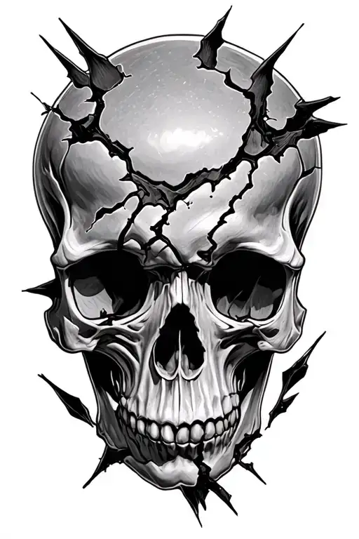 Skull Tattoo With Sharp Tetth Where The Skull Is Broken But Has To Keep Going Forward