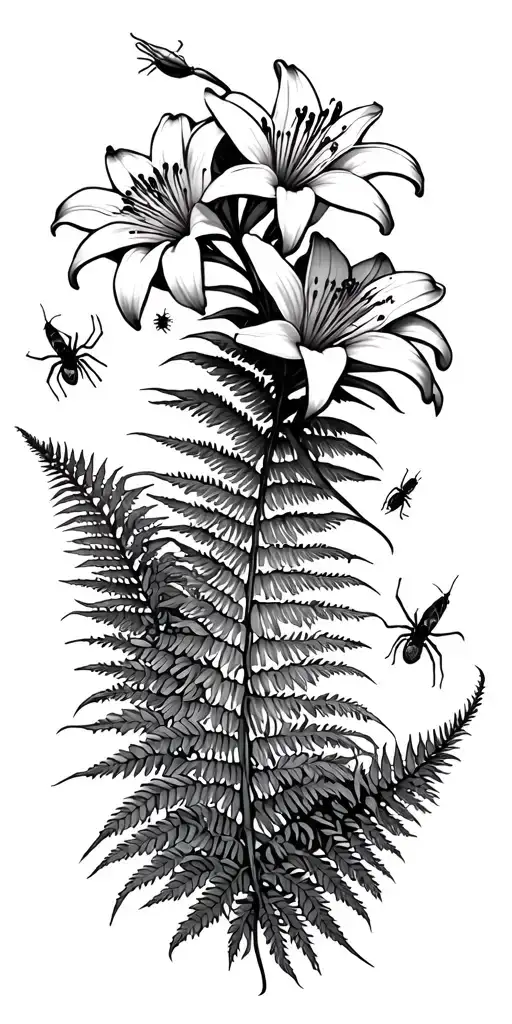 Spider Lilies Some Blooming With Spiders And Other Bugs Crawling On Fern And Some Grasses