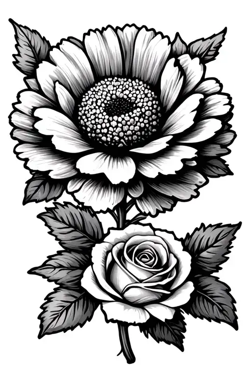 Marigold Flower With A Carnation And Rose Below It