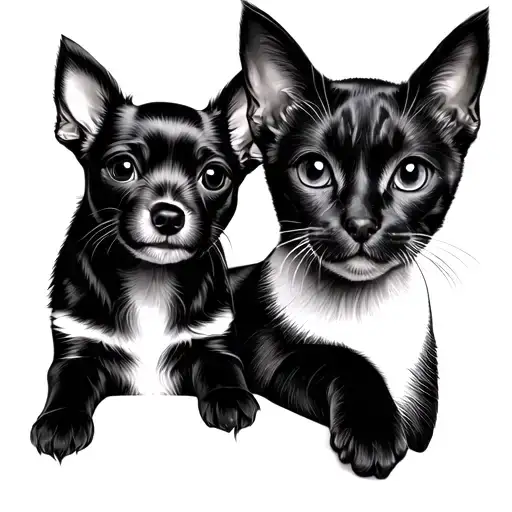 One Small Black Dog And 1 Cat Together In On Portret