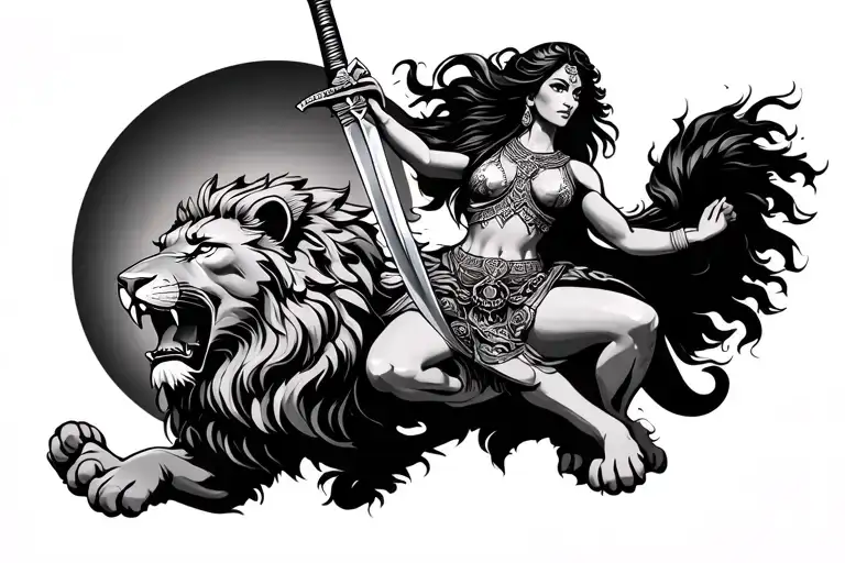 Persian Woman Holdin Sword Riding Lion With Sun Behind Lion Roaring Looking Fierce