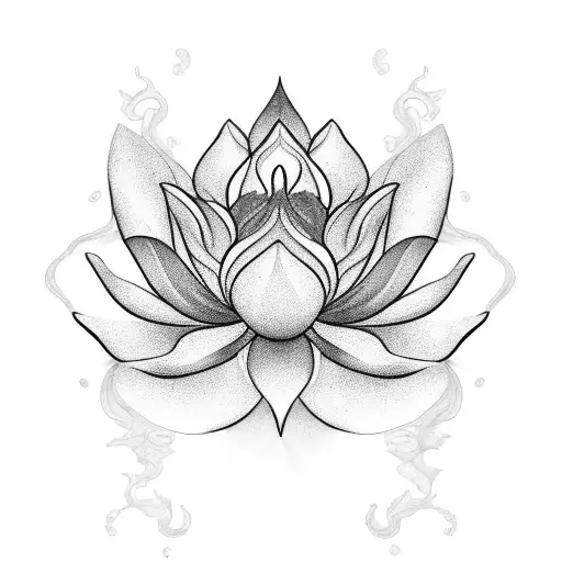 A Black-grey Tattoo Of A Lotus Flower Surrounded By Swirling Ocean Waves