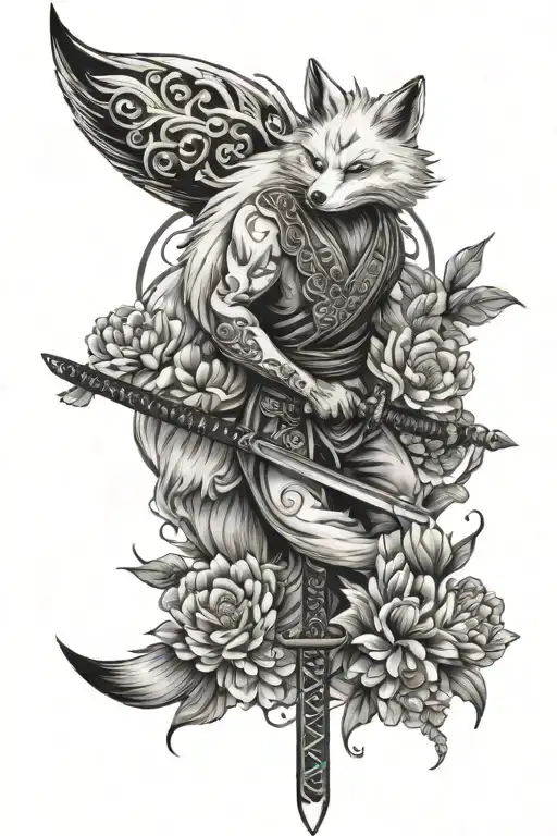 Nine Tailed Fox Holding Katana Surround By Flowers