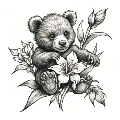 Baby Bear And Gladiolus Flower