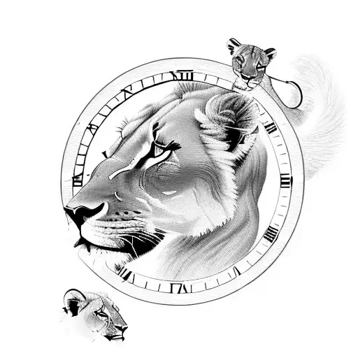 Clock With Lioness And 2 Cubs With Sunrays And Angry Pegasus