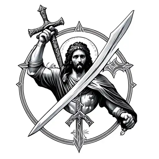 Guy Holding A Sword Up And Crosses With San Judas