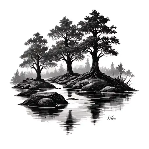 4 Trees In A Scenic Forest Stream