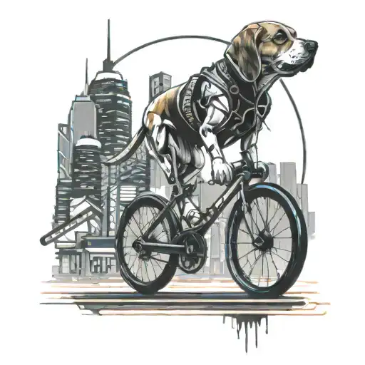 Futuristic Cyberpunk Cityscape With A Beagle Dog Riding A Bicycle Through Neon-lit Streets