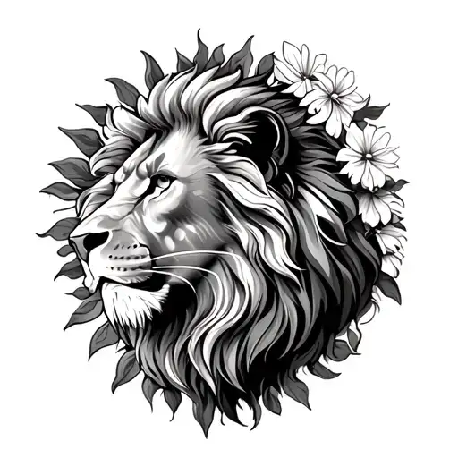 Lion In A Sun Facing With Flowers