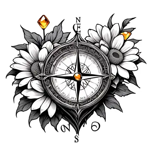 Compass Pointing To A Heart With Chrysanthemum Flowers And Citrine Stones