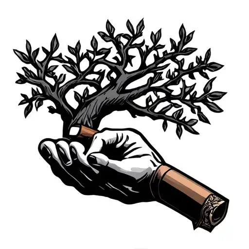 Simple Cartoon Tree Branches In The Shape Of A Hand Holding A Cigar