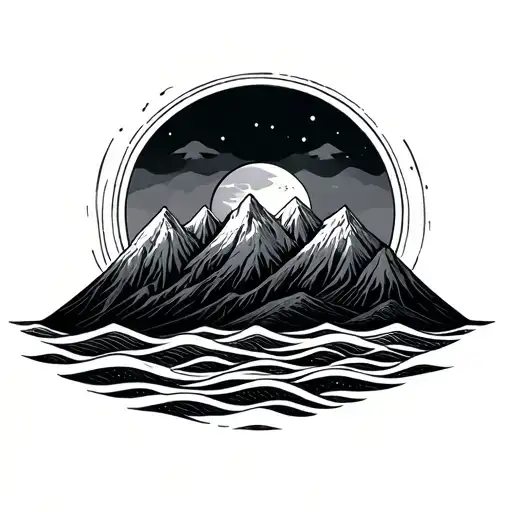 Mountain Sea With Sun And Moon In Circles And Line