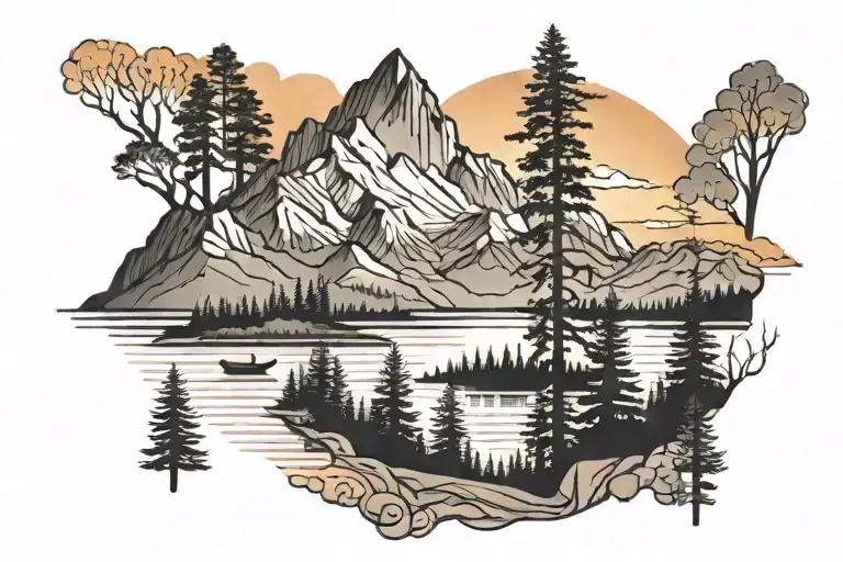 Mountains With A Lot Of Trees Colors Sunset Over Lake