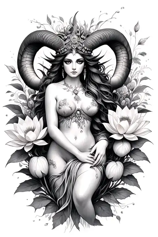Aries Sexy Goddess Surrounded By Poeny And Lotus Flowers Growing Intertwined